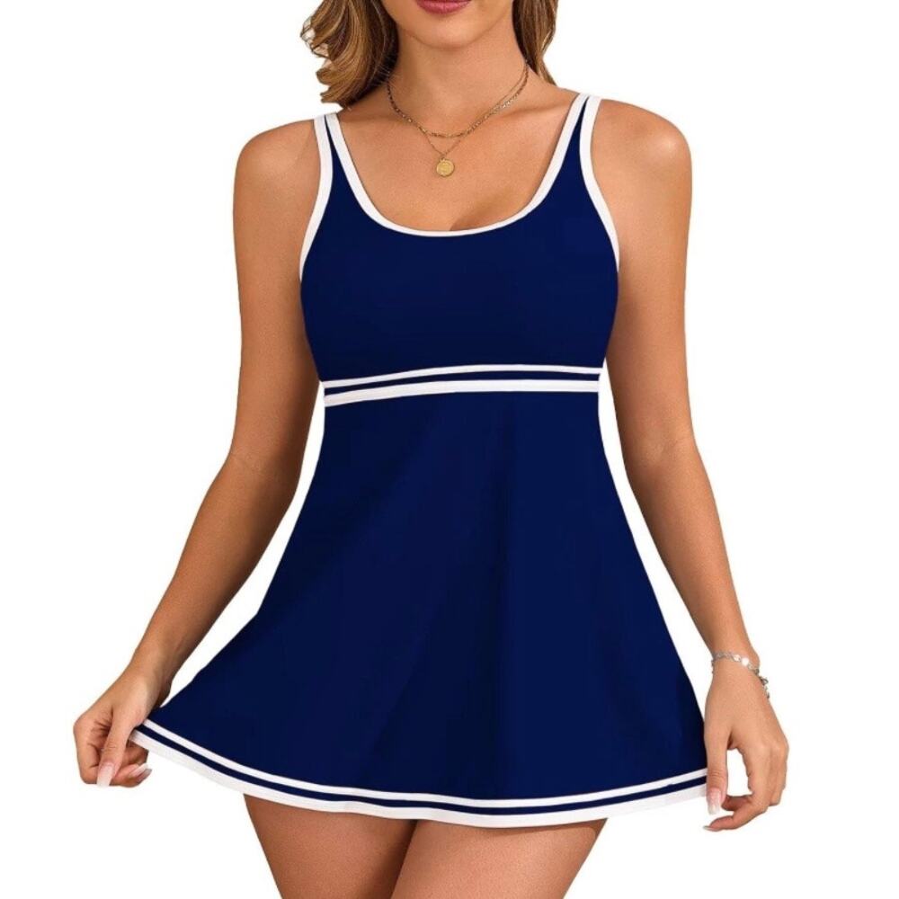 Viaurbe Women Tankini Swimdress Navy White Tummy Control Skirted L - Picture 6 of 8